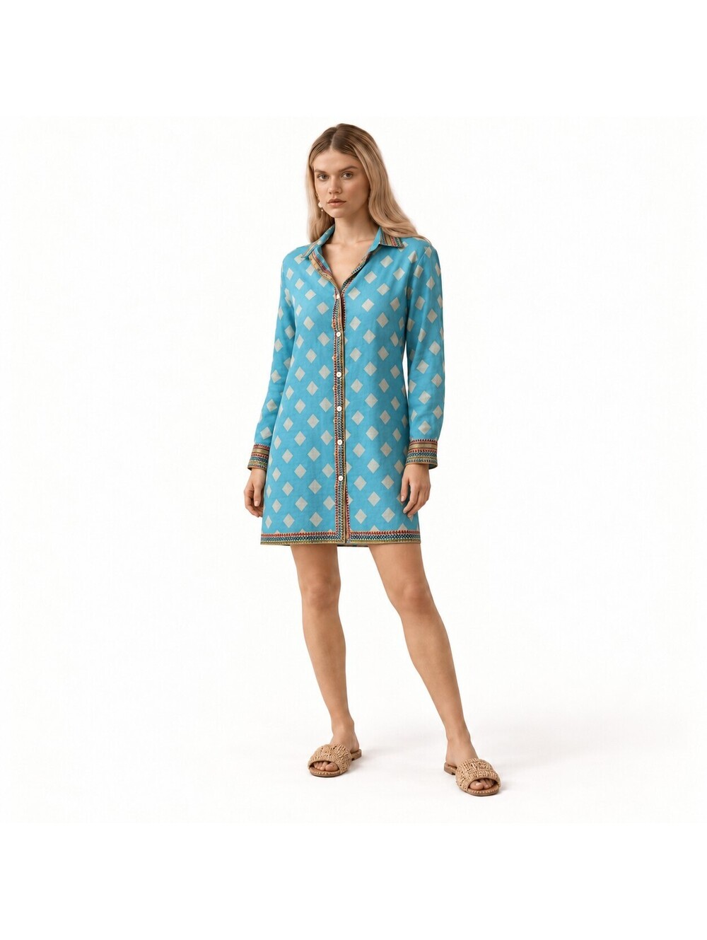 NWT Guadalupe Rhombus Blue Geometric Button-Front Shirt Dress Size Small